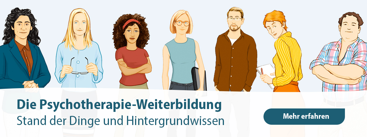 Sieben illustrierte Personen stehen für die aktuell 7 Wege zur Psychotherapie-Weiterbildung. Link zum Stand der Dinge und Hintergrundwissen 